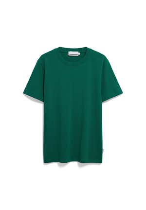 Dunkelgrünes T-Shirt aus Baumwolle mit kurzen Ärmeln, Rundhalsausschnitt und kleinem Markenschild am Kragen und an der Seitennaht.