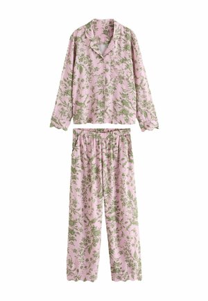 Rosa langärmiges Pyjama-Set mit grünem Blumenmuster, knöpfbarem Oberteil mit Kragen, Hose mit elastischem Bund und wellenförmigen Ärmeln und Hosenabschlüssen.