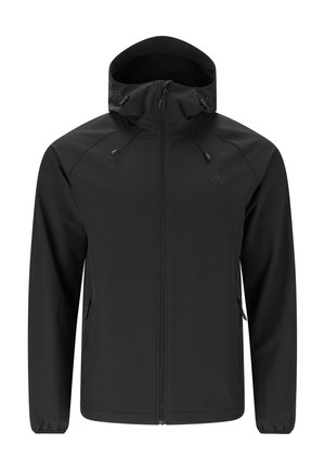 Zwarte capuchonjas met ritssluiting aan de voorkant, trekkoorden aan de capuchon, ritssluitingen aan de zijkanten en elastische manchetten, getoond tegen een witte achtergrond.