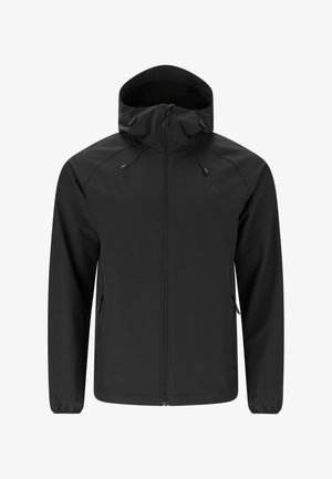 Zwarte capuchonjas met ritssluiting aan de voorkant, trekkoorden aan de capuchon, ritssluitingen aan de zijkanten en elastische manchetten, getoond tegen een witte achtergrond.