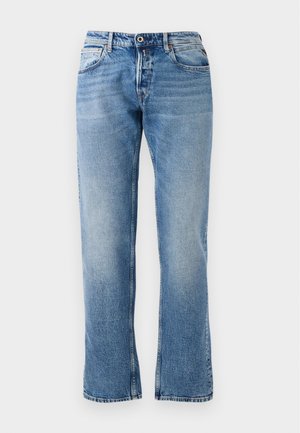 Jeans in denim blu chiaro con taglio dritto, design a cinque tasche e lieve scolorimento. Dotati di chiusura a bottone e zip, con orlo cucito.