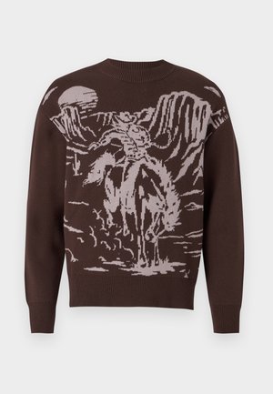 Brown knitted sweater featuring a cowboy and horse graphic in light beige, with a crew neck and ribbed cuffs at the sleeves and hem.
