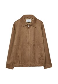 Chaqueta de ante marrón con cremallera frontal, gran cuello, bolsillos laterales y dobladillo elástico. Textura suave y ajuste holgado.