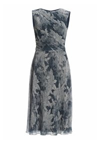 Vestido sin mangas con un patrón floral en azul y gris, hecho de una tela texturizada. Presenta un corsé ajustado y una falda fluida que llega a la mitad de la pantorrilla.