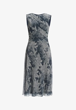 Sukienka bez rękawów w kolorze granatowym z kwiatowym wzorem w odcieniach szarości. Posiada dopasowaną górę i zwiewną spódnicę o teksturowanym wyglądzie z warstwowym wykończeniem.