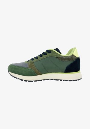 Green and gray sneaker with mixed materials including fabric, suede, and mesh. Features a thick white sole and blue laces.