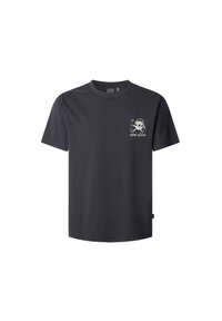 Juodas medvilninis marškinėlis su apvalia iškirpte. Priekyje yra baltas atspaudas su kaukolės piešiniu ir tekstu "PEPE JEANS." Trumpomis rankovėmis ir tiesiu kirpimu.
