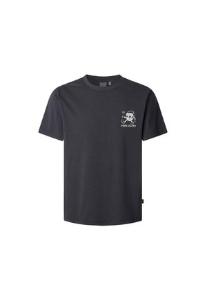 T-shirt in cotone nero con collo rotondo. Il davanti presenta un design stampato bianco di un teschio e il testo "PEPE JEANS." Maniche corte e vestibilità dritta.