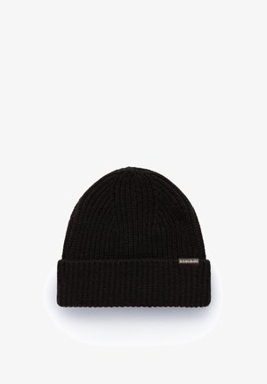 Schwarze gestrickte Beanie-Mütze mit einem gerippten Muster und einem umgeschlagenen Bündchen. Mit einem kleinen metallischen Markenetikett an der Seite.