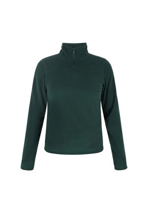 Donkergroen fleece pull met een kwartrits kraag. Lange mouwen, gladde textuur en een ontspannen pasvorm. Geen zichtbare patronen of accenten.