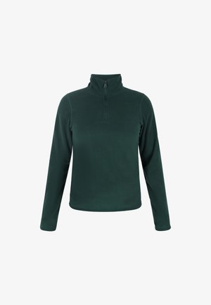 Sötétzöld polárpulóver negyed cipzárral a gallérnál. Hosszan nyúló ujjakkal, sima textúrával és laza szabással. Nincsenek látható minták vagy díszítések.
