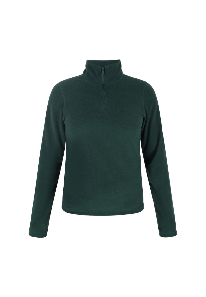 Pullover in pile verde scuro con colletto a zip fino a un quarto. Maniche lunghe, texture liscia e vestibilità comoda. Nessun motivo o dettaglio visibile.