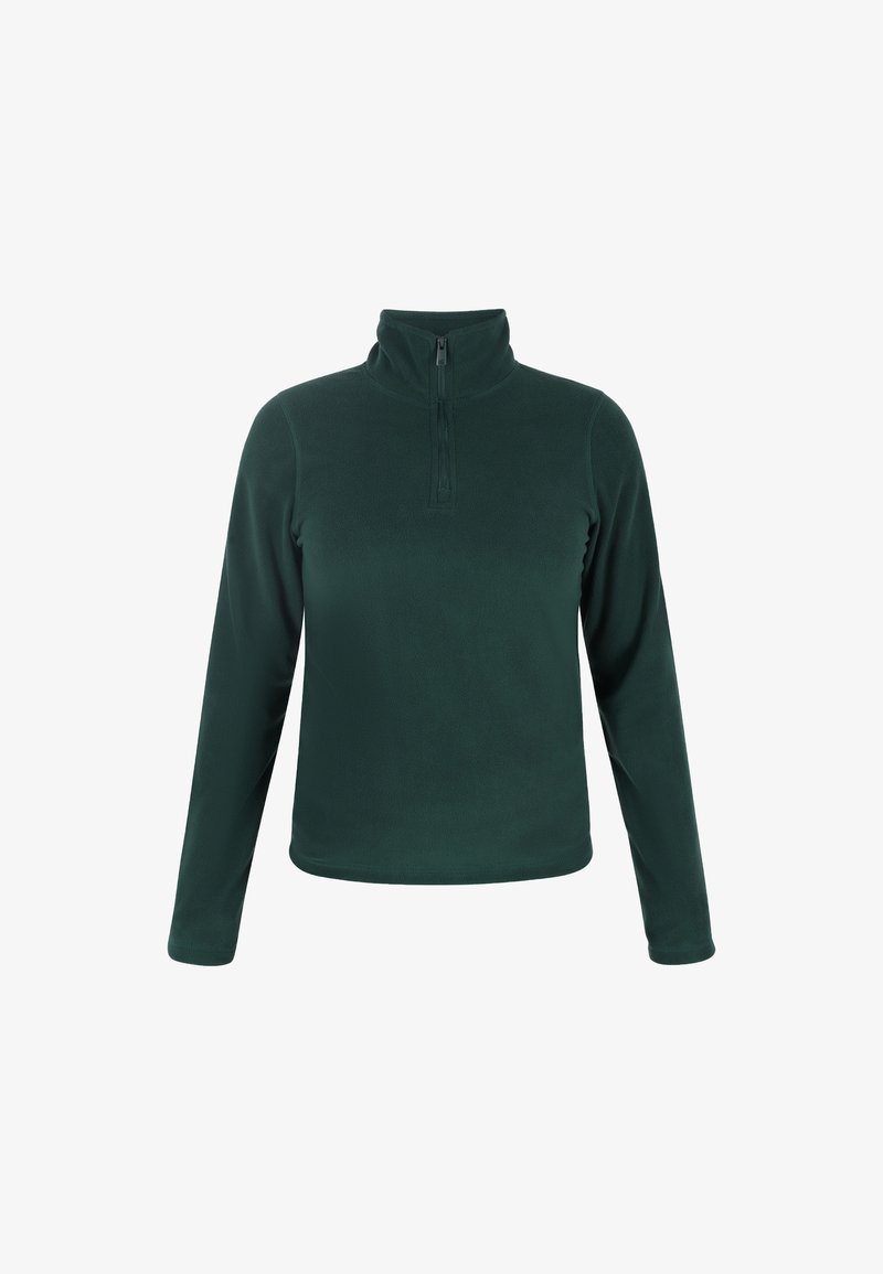 Sötétzöld polárpulóver negyed cipzárral a gallérnál. Hosszan nyúló ujjakkal, sima textúrával és laza szabással. Nincsenek látható minták vagy díszítések.