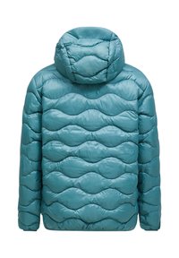 Teal puffjakke med hætte, der har et quiltet design med horisontale bølgede linjer, lavet af glansfuldt, let materiale.
