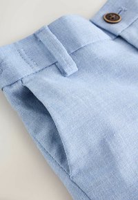 Svetlo modri bombažni kratki hlače z drobnim črtastim vzorcem, z ravnim pasom, stranskimi žepi in rjavim gumbom.