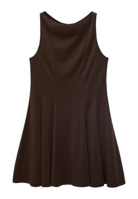 Robe marron sans manches avec une jupe évasée, présentant un col rond et une texture de tissu lisse. Design simple et couleur unie.