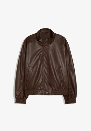 Braune Bomberjacke aus Kunstleder mit Stehkragen, Druckknopfverschluss, elastischen Bündchen und zwei Vordertaschen.