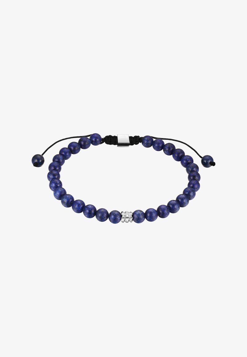 Bracelet ajustable avec perles rondes bleu profond et perle décorative centrale en argent sur un cordon noir.