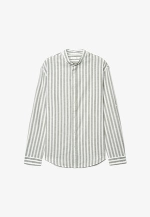 Camicia da uomo a maniche lunghe con bottoni, a righe verticali bianche e grigio chiaro e collo alla coreana, taglia XL.