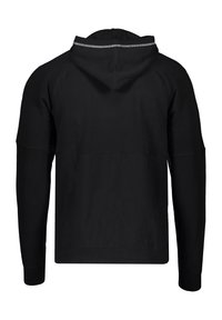 Black hooded sweatshirt with long sleeves, a smooth texture, and a reflective accent along the hood. Features a minimalist design and fitted cuffs.