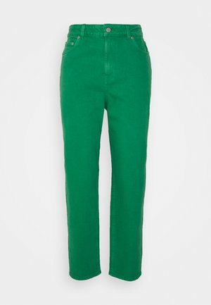 Calças de algodão verdes com um design de perna reta, cintura alta, fecho de botão e dois bolsos laterais. Textura suave com costuras alinhavadas.