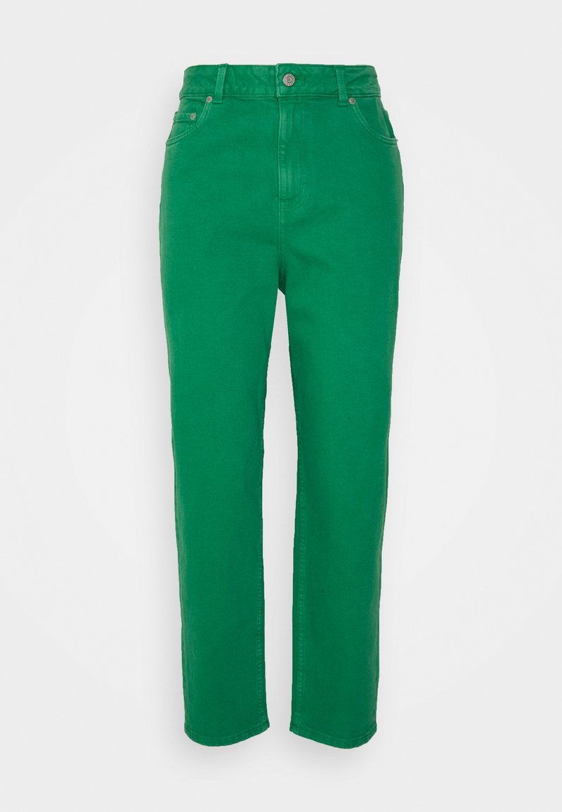 Calças de algodão verdes com um design de perna reta, cintura alta, fecho de botão e dois bolsos laterais. Textura suave com costuras alinhavadas.