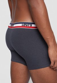 Graue Baumwollboxershorts mit engem Schnitt, ausgestattet mit einem elastischen Bund in Rot, Weiß und Blau. Glatte Textur und maßgeschneidertes Design.