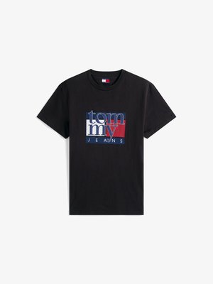 Black cotton t-shirt featuring a graphic logo in blue, red, and white blocks with text "tommy JEANS" centered on the front. Short sleeves.