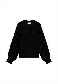 Maglione nero lavorato a maglia con texture a coste, scollatura rotonda e spalle scese. Lunghezza cropped con un aspetto morbido e caldo.