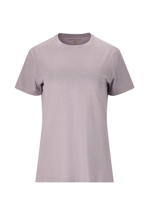 Lichtpaarse vrouwen T-shirt met korte mouwen en ronde hals, eenvoudig ontwerp, rechte zoom, zichtbare stiksels op de schouders en mouwen.