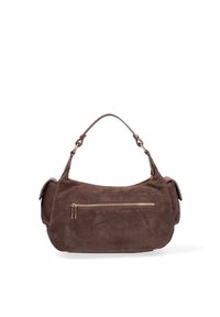 Borsa a tracolla in suede marrone con una forma curva, un unico manico superiore e una tasca frontale con zip. Presenta dettagli in metallo dorato.