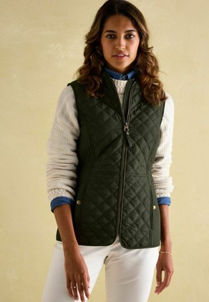 Quilted olive green vest with a high collar and front zipper, worn over a white cable-knit sweater and blue shirt collar.