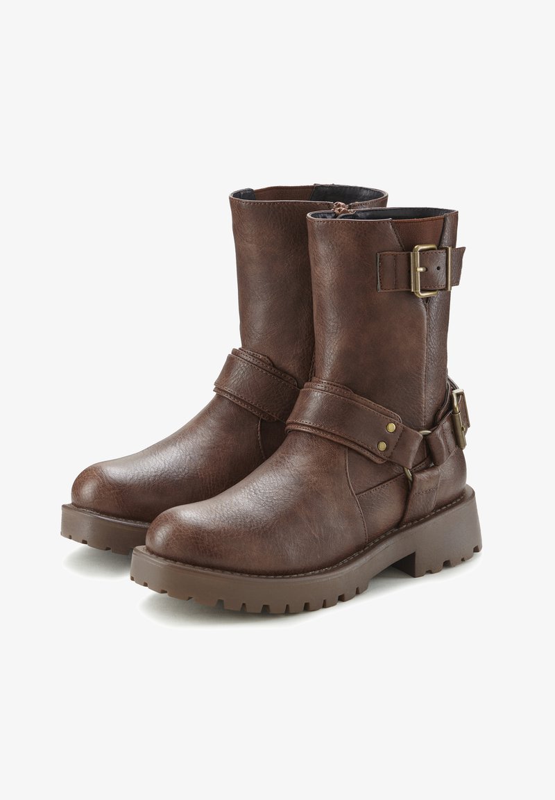 Brown leather ankle boots with a smooth texture, featuring a side strap, buckle detail, and a rugged rubber sole for traction.