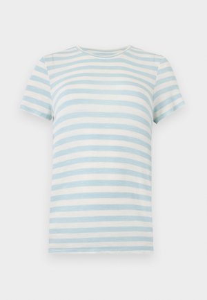Short-sleeve ribbed T-shirt with horizontal light blue and white stripes and a crew neckline on a white background.