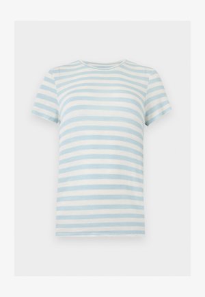 Short-sleeve ribbed T-shirt with horizontal light blue and white stripes and a crew neckline on a white background.