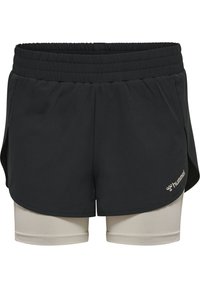 Svarta sportshorts med resårmidja över ljusbeige inre shorts. Materialet verkar lätt och har en slät textur. Har detaljer med logotyp.