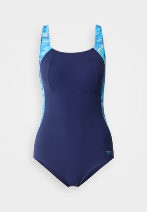 One-piece swimsuit in navy blue with light blue patterned side panels, featuring thick straps and a smooth, stretchy fabric.