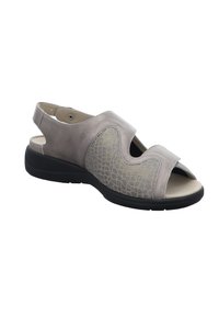 Gray sandal with an open toe, featuring a textured front panel in a light pattern, soft suede-like material, and a black rubber sole.