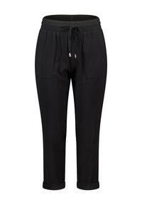Pantalon noir avec une taille élastique et un cordon de serrage ajustable, comportant deux poches latérales et des ourlets roulés à la cheville.