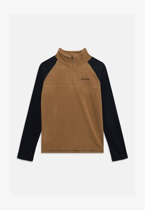 Bruine en zwarte fleece trui met lange mouwen, een kwart ritssluiting en het Columbia-logo op de borst.