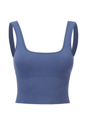 Modrý bezšvový krátky tank top so širokými ramienkami a štvorcovým výstrihom, vyrobený z rebrovanej látky v spodnej časti pre priliehavý strih.