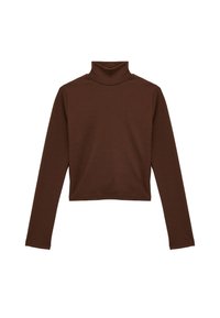 Bruine lange mouwen coltrui met een geribbelde textuur en een verkorte uitstraling. Heeft een hoge hals en strakke mouwen.