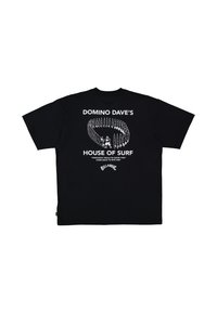 Black cotton T-shirt featuring white graphic text and an illustration on the back, with a loose fit and short sleeves.