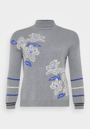 Gray knit sweater with a mock neck. Floral design in white and blue on the front. Features blue and white stripes on the sleeves.