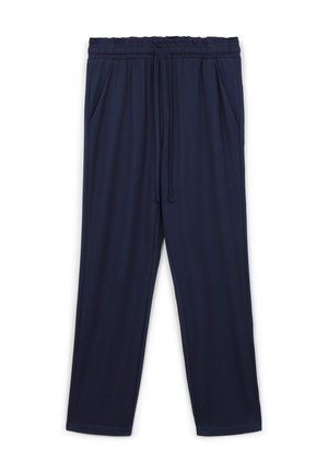 Pantalons de jogging bleu marine en tissu doux, avec une taille élastique et un cordon de serrage, ainsi que des poches latérales. Coupe droite.