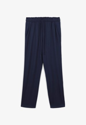 Pantalons de jogging bleu marine en tissu doux, avec une taille élastique et un cordon de serrage, ainsi que des poches latérales. Coupe droite.