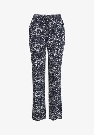 Tamsiai mėlynos kelnės su baltu dėmėtu raštu, elastinga juosta ir raišteliu. Pagamintos iš lengvos medžiagos su tiesiu kojų kirpimu.