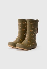 Stivali di gomma verdi con stampa integrale di tigre arancione e nera, suola testurizzata per una migliore presa e linguetta posteriore per facilitare la calzata.