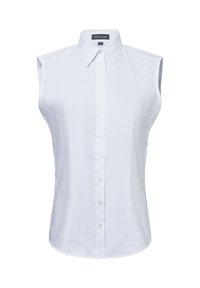 Witte mouwloze shirt met een puntige kraag, voorzien van een knoopsluiting aan de voorkant en een gestructureerde stof, slim fit met een gebogen rand.