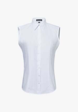 White sleeveless shirt with a pointed collar, featuring a button-up front and a textured fabric, tailored fit with curved hem.